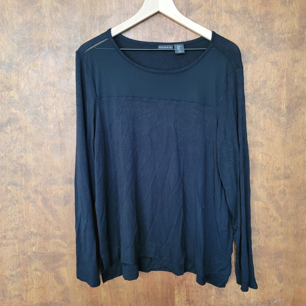 Tahari black long sleeve sheer mesh bodice scoop neck stretch jersey shirt